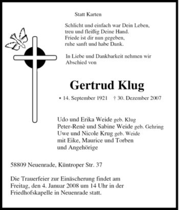 Todesanzeige von Gertrud Klug von WESTFÄLISCHER ANZEIGER