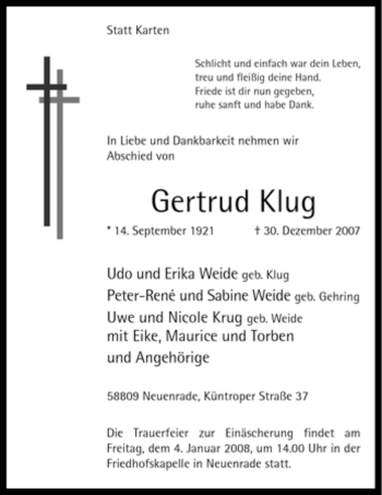 Todesanzeige von Gertrud Klug von WESTFÄLISCHER ANZEIGER