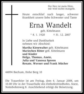 Todesanzeige von Erna Wandelt von WESTFÄLISCHER ANZEIGER