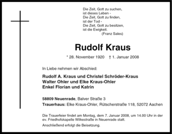 Todesanzeige von Rudolf Kraus von WESTFÄLISCHER ANZEIGER