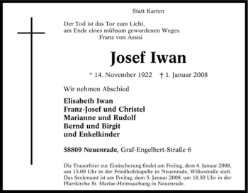 Todesanzeige von Josef Iwan von WESTFÄLISCHER ANZEIGER