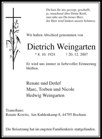 Todesanzeige von Dietrich Weingarten von WESTFÄLISCHER ANZEIGER