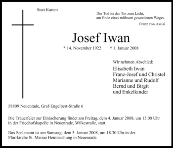Todesanzeige von Josef Iwan von WESTFÄLISCHER ANZEIGER
