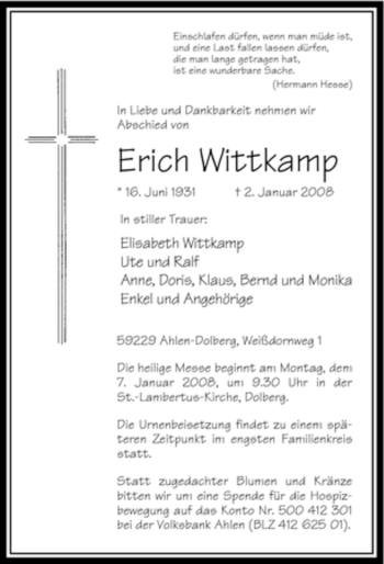 Todesanzeige von Erich Wittkamp von WESTFÄLISCHER ANZEIGER