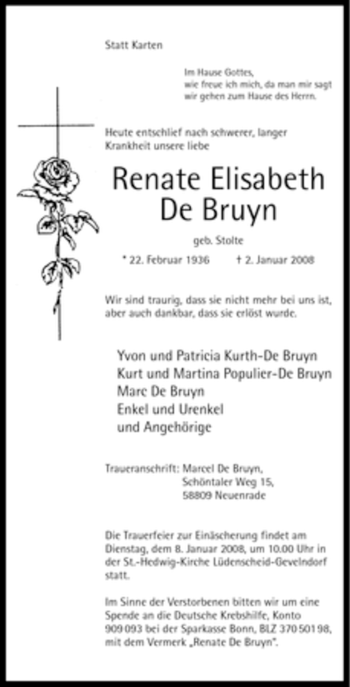 Todesanzeige von Renate Elisabeth De Bruyn von WESTFÄLISCHER ANZEIGER