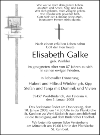 Todesanzeige von Elisabeth Galke von WESTFÄLISCHER ANZEIGER