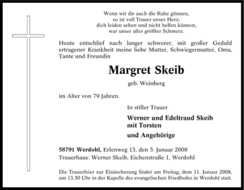Todesanzeige von Margret Skeib von WESTFÄLISCHER ANZEIGER