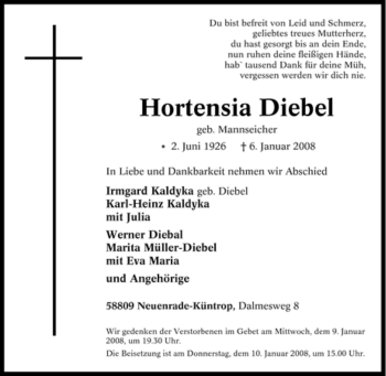 Todesanzeige von Hortensia Diebel von WESTFÄLISCHER ANZEIGER