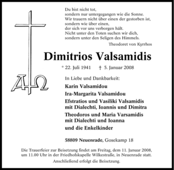 Todesanzeige von Dimitrios Valsamidis von WESTFÄLISCHER ANZEIGER