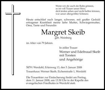 Todesanzeige von Margret Skeib von WESTFÄLISCHER ANZEIGER