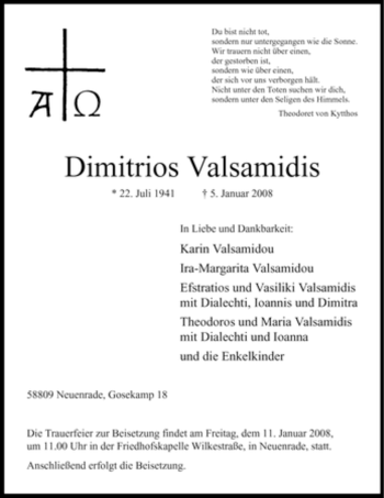 Todesanzeige von Dimitrios Valsamidis von WESTFÄLISCHER ANZEIGER