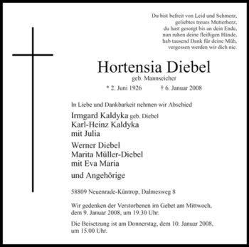Todesanzeige von Hortensia Diebel von WESTFÄLISCHER ANZEIGER