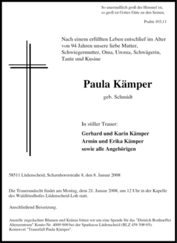 Todesanzeige von Paula Kämper von WESTFÄLISCHER ANZEIGER
