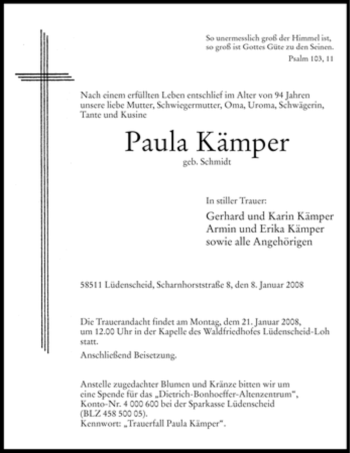 Todesanzeige von Paula Kämper von WESTFÄLISCHER ANZEIGER