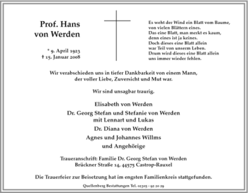 Todesanzeige von Hans von Werden von WESTFÄLISCHER ANZEIGER