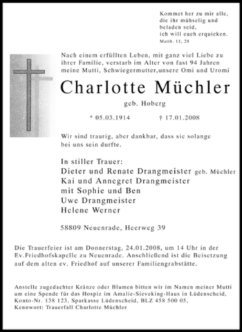 Todesanzeige von Charlotte Müchler von WESTFÄLISCHER ANZEIGER