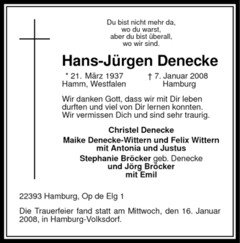 Todesanzeige von Hans-Jürgen Denecke von WESTFÄLISCHER ANZEIGER