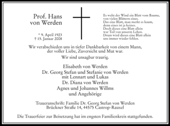 Todesanzeige von Hans von Werden von WESTFÄLISCHER ANZEIGER