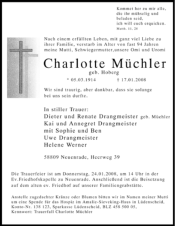 Todesanzeige von Charlotte Müchler von WESTFÄLISCHER ANZEIGER