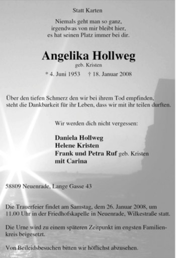 Todesanzeige von Angelika Hollweg von WESTFÄLISCHER ANZEIGER