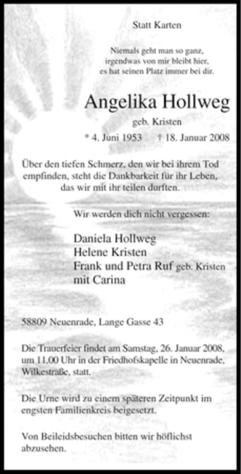 Todesanzeige von Angelika Hollweg von WESTFÄLISCHER ANZEIGER