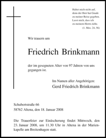 Todesanzeige von Friedrich Brinkmann von WESTFÄLISCHER ANZEIGER