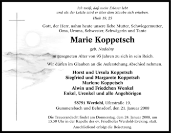 Todesanzeige von Marie Koppetsch von WESTFÄLISCHER ANZEIGER