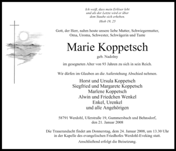 Todesanzeige von Marie Koppetsch von WESTFÄLISCHER ANZEIGER