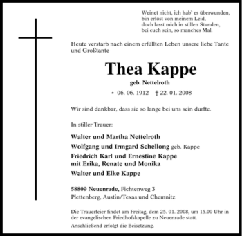 Todesanzeige von Thea Kappe von WESTFÄLISCHER ANZEIGER