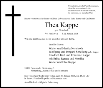 Todesanzeige von Thea Kappe von WESTFÄLISCHER ANZEIGER