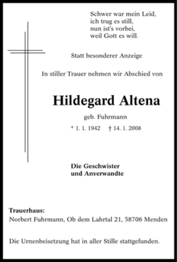 Todesanzeige von Hildegard Altena von WESTFÄLISCHER ANZEIGER