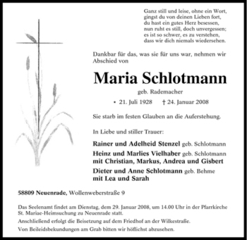 Todesanzeige von Maria Schlotmann von WESTFÄLISCHER ANZEIGER