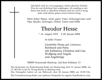 Todesanzeige von Theodor Hesse von WESTFÄLISCHER ANZEIGER