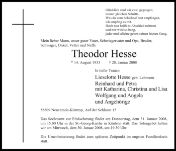 Todesanzeige von Theodor Hesse von WESTFÄLISCHER ANZEIGER