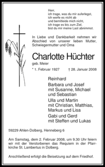 Todesanzeige von Charlotte Hüchter von WESTFÄLISCHER ANZEIGER