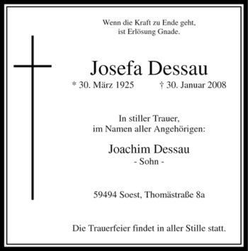 Todesanzeige von Josefa Dessau von WESTFÄLISCHER ANZEIGER