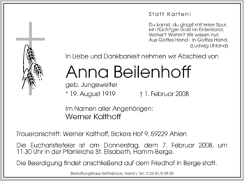 Todesanzeige von Anna Beilenhoff von WESTFÄLISCHER ANZEIGER