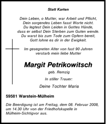 Todesanzeige von Margit Petrikowitsch von WESTFÄLISCHER ANZEIGER