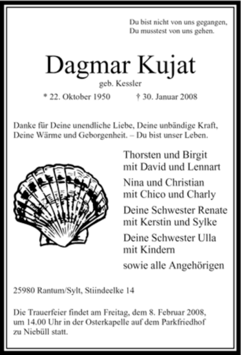 Todesanzeige von Dagmar Kujat von WESTFÄLISCHER ANZEIGER