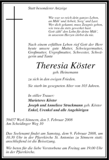 Todesanzeige von Theresia Köster von WESTFÄLISCHER ANZEIGER