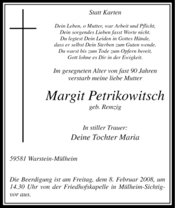 Todesanzeige von Margit Petrikowitsch von WESTFÄLISCHER ANZEIGER