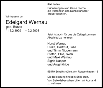 Todesanzeige von Edelgard Wernau von WESTFÄLISCHER ANZEIGER