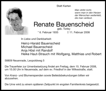 Todesanzeige von Renate Bauenscheid von WESTFÄLISCHER ANZEIGER