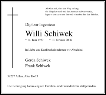 Todesanzeige von Willi Schiwek von WESTFÄLISCHER ANZEIGER