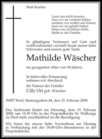Todesanzeige von Mathilde Wäscher von WESTFÄLISCHER ANZEIGER