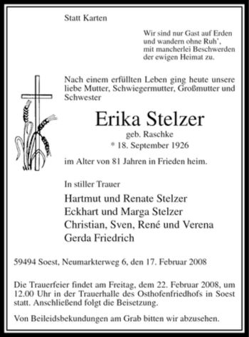 Todesanzeige von Erika Stelzer von WESTFÄLISCHER ANZEIGER