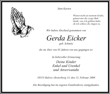 Todesanzeige von Gerda Eicker von WESTFÄLISCHER ANZEIGER