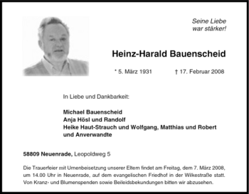 Todesanzeige von Heinz-Harald Bauenscheid von WESTFÄLISCHER ANZEIGER