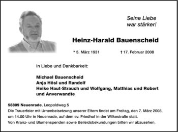 Todesanzeige von Heinz-Harald Bauenscheid von WESTFÄLISCHER ANZEIGER