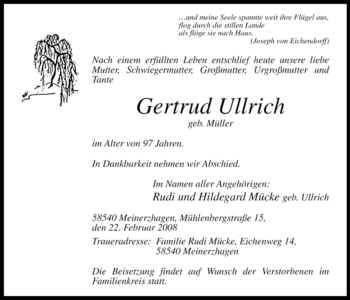 Todesanzeige von Gertrud Ullrich von WESTFÄLISCHER ANZEIGER